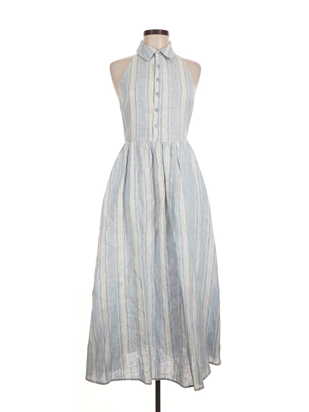 Reformation Collared Halter Blue Stripe Maxi Dress